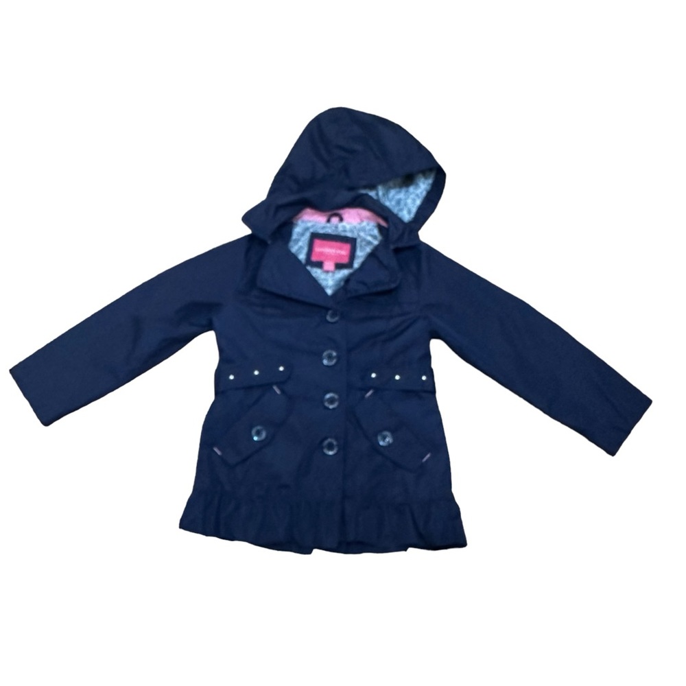 London Fog Girls Navy Blue Hooded Raincoat Trench Coat Jacket Size 5-6